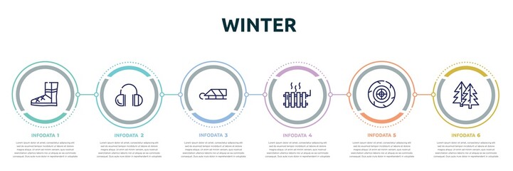 winter concept infographic design template. included winter boots, earmuffs, sledge, heater, winter tire, fir icons and 6 option or steps.