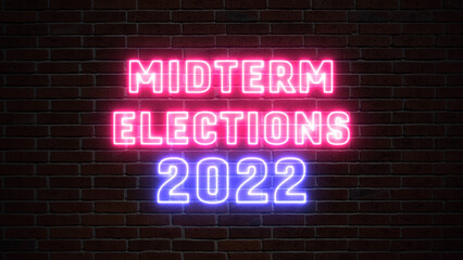 Fototapeta premium Usa midterms 2022 neon banner text on dark brick wall, election call for action