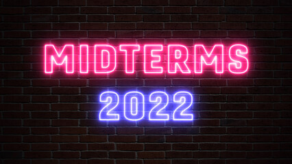 Fototapeta premium Usa midterms 2022 neon banner text on dark brick wall, election call for action