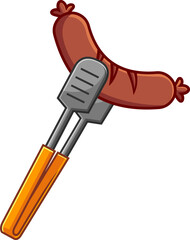 Cartoon Cooking Tongs With Roasted Sausage. Vector Hand Drawn Illustration Isolated On White Background