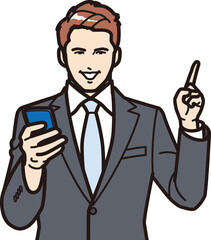 スマホを持ち説明するビジネスマン