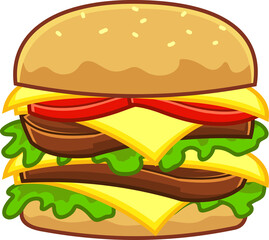 Cartoon Double Colorful Hamburger. Vector Fast Food Cheeseburger Hand Drawn Illustration Isolated On White Background