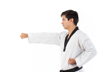 Professional fighter, Karate man in kimono exercising combat sport isolated on white background