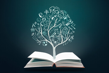 Education concept. Open books and knowladge tree with hand drawn school doodle icons. Studying, knowledge, learning idea