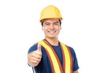Portrait of male construction worker thumbs up wearing protective clothes, helmet isolated on white background.