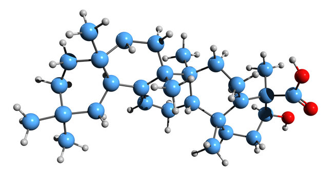  3D image of Boswellic acid skeletal formula - molecular chemical structure of pentacyclic terpenoid isolated on white background