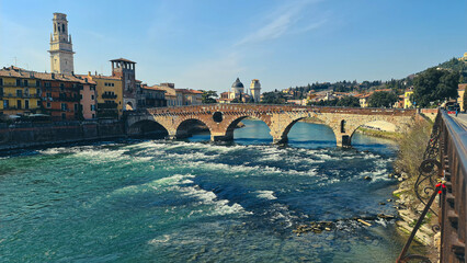 Verona, Italy - March 19, 2022: Aerial view of Verona historical city centre, Ponte Pietra bridge...