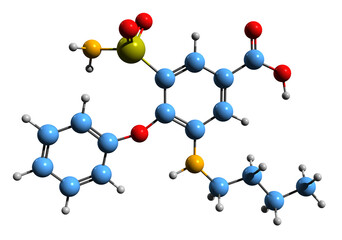  3D image of Bumetanide skeletal formula - molecular chemical structure of  swelling medication isolated on white background
