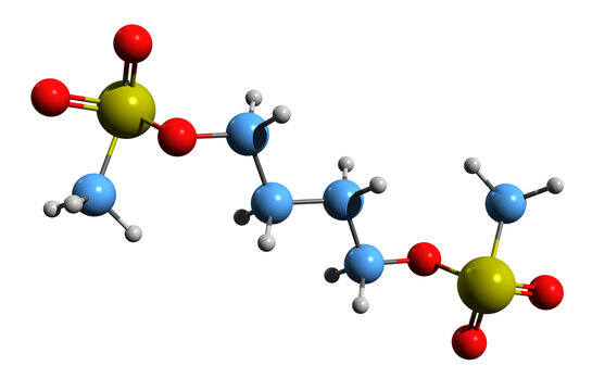 3D image of Busulfan skeletal formula - molecular chemical structure of 1,4-butanediol dimethanesulfonate isolated on white background