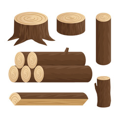 Set of different logs in cartoon vector style. Firewood collection. Bricks and stump. Wooden bricks isolated on white background. 
