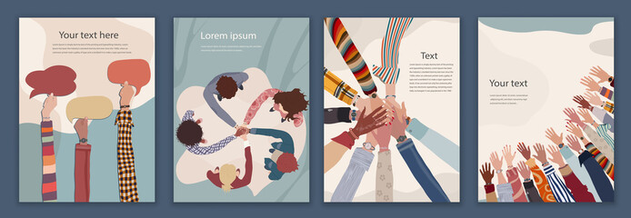 Volunteer people concept brochure leaflet poster editable template. Raised arms and hands up multiethnic people.Multicultural people in a circle with hands on top of each other top view - obrazy, fototapety, plakaty