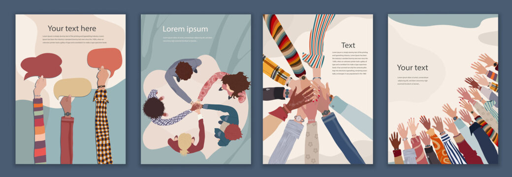 Volunteer people concept brochure leaflet poster editable template. Raised arms and hands up multiethnic people.Multicultural people in a circle with hands on top of each other top view