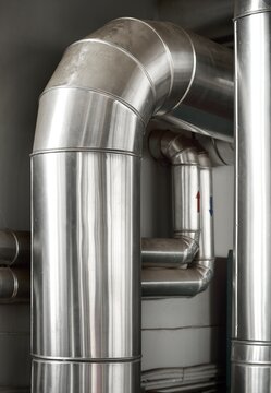 Industrial water treatment and boiler room. Shiny steel metal pipes, piping, connections. Industry, technology, biotechnology, chemistry, heating, work safety, special equipment
