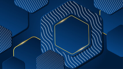 Modern luxury dark blue abstract background with gold lines and hexagons