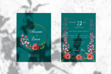 Watercolor floral and leaf wedding invitation card set template vector	
