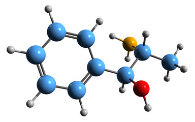 3D image of Cathine skeletal formula - molecular chemical structure of norpseudoephedrine isolated on white background
