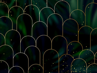 Fototapety  Art deco card. Round curve texture. Emerald tropical forest foliage vector background