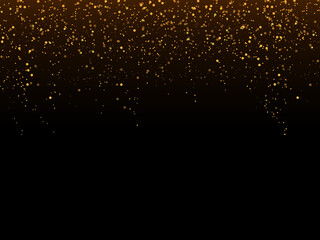 Golden glitter confetti falling on black vector background. Shining gold shimmer luxury design card
