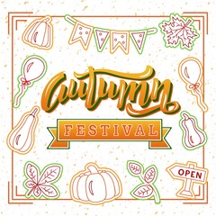 Handdrawn vector illustration with color lettering on textured background Autumn Festival for poster, banner, template, decoration, festival, picnic, invitation, celebration, advertising, design, card