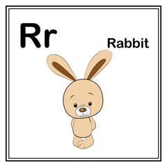 Cute children ABC animal alphabet R letter flashcard of Rabbit for kids learning English vocabulary.