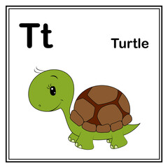Obraz premium Cute children ABC animal alphabet T letter flashcard of Turtle for kids learning English vocabulary.