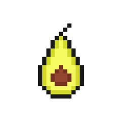 Pixel half of ripe avocado. Green vegetable with brown seed and tail. Organic element of healthy vegan food and 8bit vector game