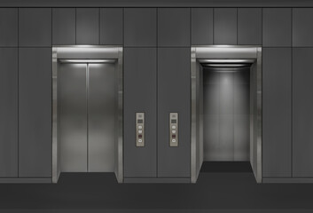 Chrome metal office building elevator doors. Open and closed variant. Realistic vector illustration gray wall panels office building elevator.