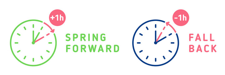 . Set of clocks with text fall back, spring forward.