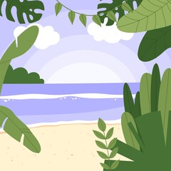 Fototapeta na wymiar Flat vector illustration of a tropical landscap. Summer vacation banner on a tropical island or seaside resort. 