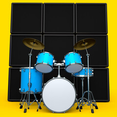 Fototapeta na wymiar Set of realistic drums with metal cymbals or drumset and amplifier on yellow