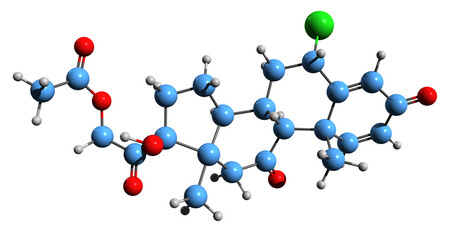  3D image of Chloroprednisone acetate skeletal formula - molecular chemical structure of  synthetic glucocorticoid isolated on white background
