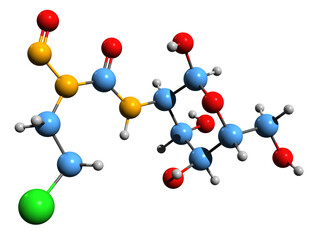  3D image of Chlorozotocin skeletal formula - molecular chemical structure of  nitrosourea isolated on white background
