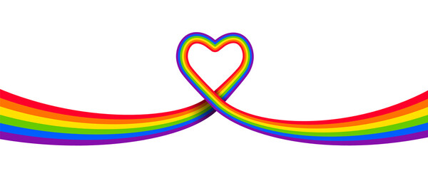 Rainbow flag with vibrant colors forming a heart shape as LGBTQ+ community and love concept. Banner, header, design element isolated on white background.