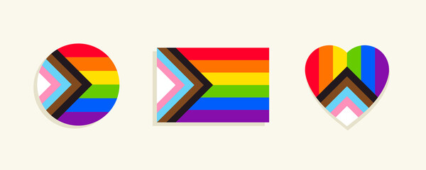 Progress pride flag with heart and circle design elements. Inclusive rainbow flag symbol: LGBTQ+, black and brown color representing communities of color, pink and light blue for transgender people.