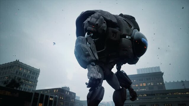 A robot destroyer attacks a peaceful metropolis. Apocalyptic atmosphere of alien robot invasion. The concept of invasion. Animation perfect for apocalyptic, technological, sci-fi and space backgrounds