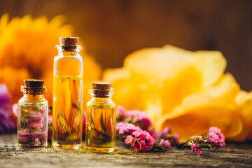 herbs and oil. Oil bottle. Glass. Bottle. Essential. 