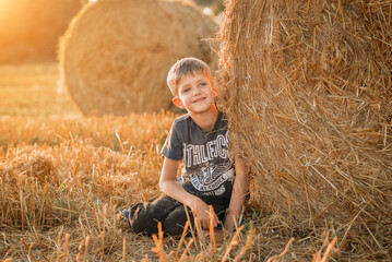 Naklejka na ściany i meble little boy is in a haystack in the field