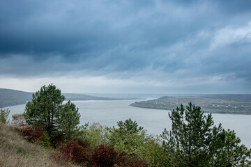 A picturesque canyon river on the banks of which grow conifers. Blue sky over the river. Natural landscape