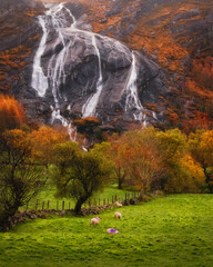 Spectacular Gleninchaquin waterfall in autumn forest park