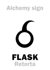 Alchemy Alphabet: RETORT (Retorta), FLASK (Ampulla), flagon, bottle, vessel for distillation, converter — chemical apparatus. Also: Distill, Sublime. Alchemical sign, Medieval symbol.