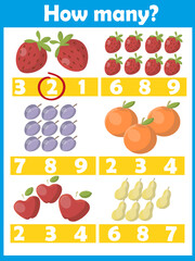 How many fruit.Printable worksheet. Educational game for children, kids preschool age. Mathematics task. Learning mathematics, numbers.Tasks for addition.Preschool Counting Activities. 