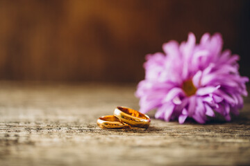 Two golden rings. Wedding rings. Love concept. 