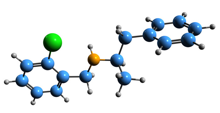  3D Image Of Clobenzorex Skeletal Formula - Molecular Chemical Structure Of Stimulant Drug Isolated On White Background
