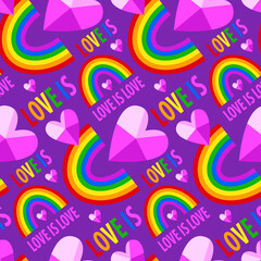 Seamless pattern with the inscription "love is love", crystal pink hearts and LGBT rainbow. Pride pattern. Vector color illustrations isolated on a lilac background. For textiles, wrapping paper.