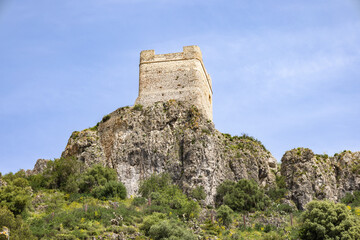 Fototapeta na wymiar Tower of the Tribute of the Castle of Zahara de la Sierra in Cadiz, Andalusia, Spain