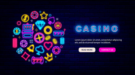 Casino neon promotion. Landing page template with round layout. Jackpot concept. Vector stock illustration