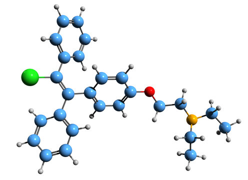3D image of Clomifene skeletal formula - molecular chemical structure of clomiphene isolated on white background
