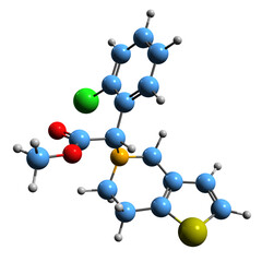 Obraz premium 3D image of Clopidogrel skeletal formula - molecular chemical structure of antiplatelet medication isolated on white background 