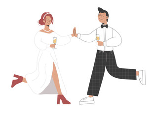 Wedding couple with a drink holding hands. Holiday and love concept. The newlyweds are getting married.