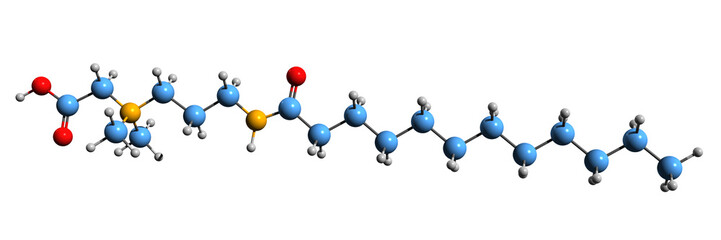 3D image of cocamidopropyl betaine skeletal formula - molecular chemical structure of CAPB isolated on white background
